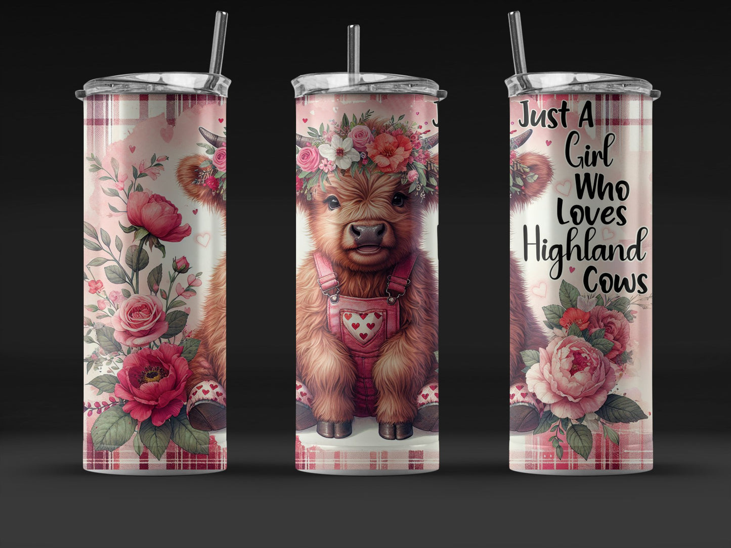 20oz Highland Cow Tumbler, Just A Girl who loves Highland Cows, Valentines Gift, Gift for her, Stainless Steel, Floral Design