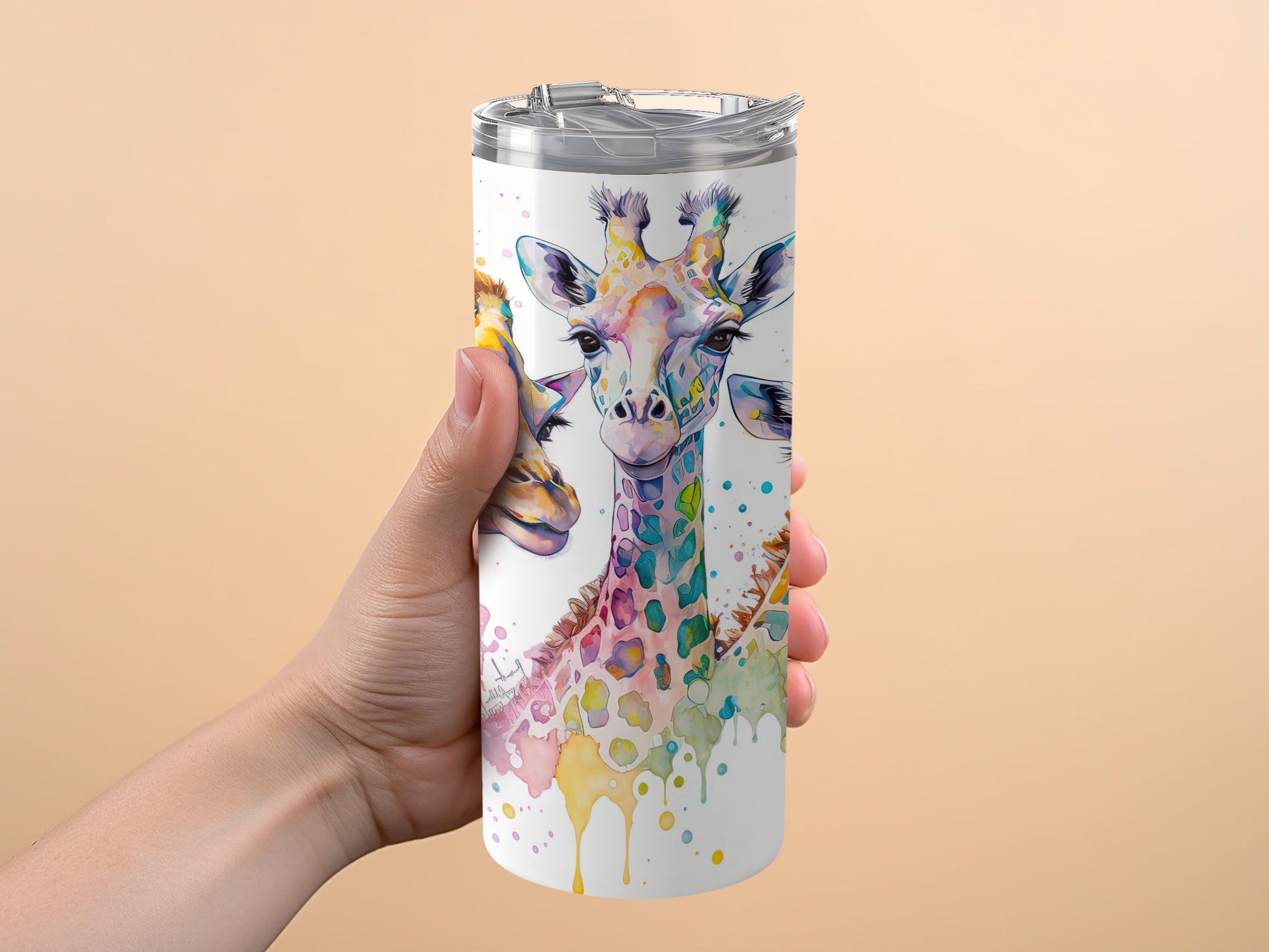 Colorful Watercolor Giraffe Tumbler, Insulated Travel Mug, Animal Art Drinkware, Unique Gift Idea