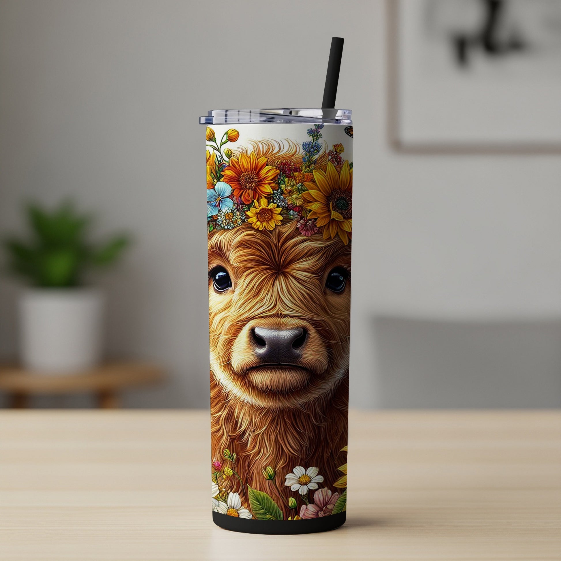 Colorful Highland Cow Floral Tumbler, Insulated Stainless Steel Travel Mug, Unique Animal Design Drinkware, Gift Idea