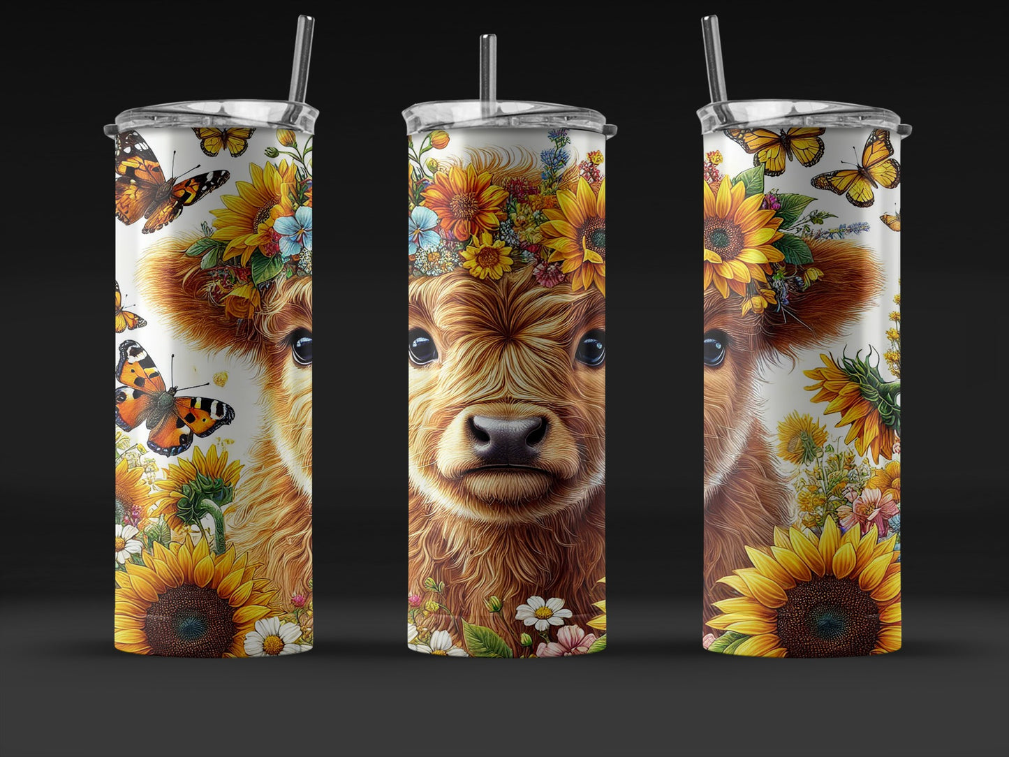 Highland Cow Tumbler with Sunflowers and Butterflies, Stainless Steel Insulated Travel Cup 20oz
