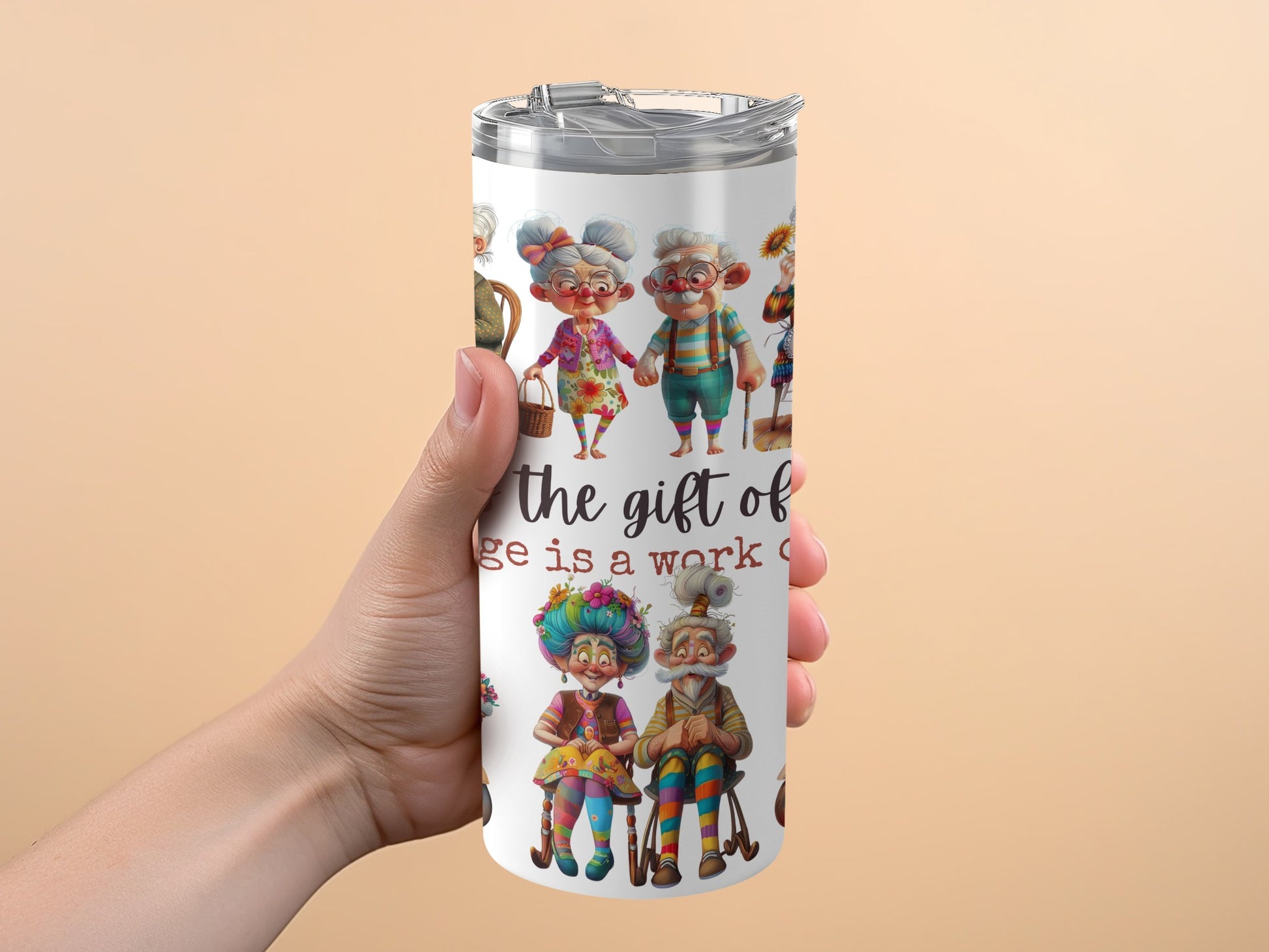 Colorful Elderly Couple Art Tumbler, Insulated Travel Mug, Unique Gift, Vibrant Seniors Design, Retirement Present, Stainless Steel