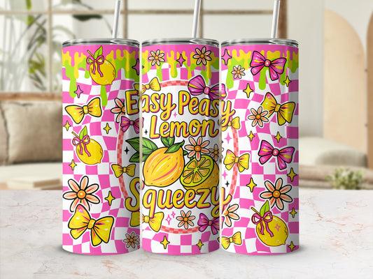 Colorful Lemon and Stars Pattern Tumbler, Bright Pink Checkered, Reusable Drinkware, Unique Gift Idea, Summer Accessories