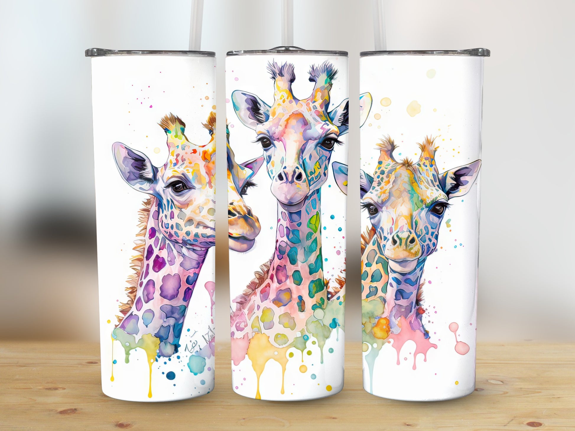 Colorful Giraffe Tumbler, Watercolor Art Insulated Travel Cup, Stainless Steel Drinkware, Unique Wildlife Gift, Animal Lover Present