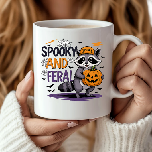 Spooky and Feral Raccoon Halloween Mug, Cute Fall Coffee Cup, Pumpkin, Autumn Decor, Gift Idea