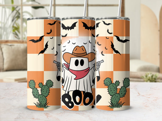 Halloween Tumbler Set, Cowboy Ghost Themed Cups, Striped Bat Design, Stainless Steel Drinkware