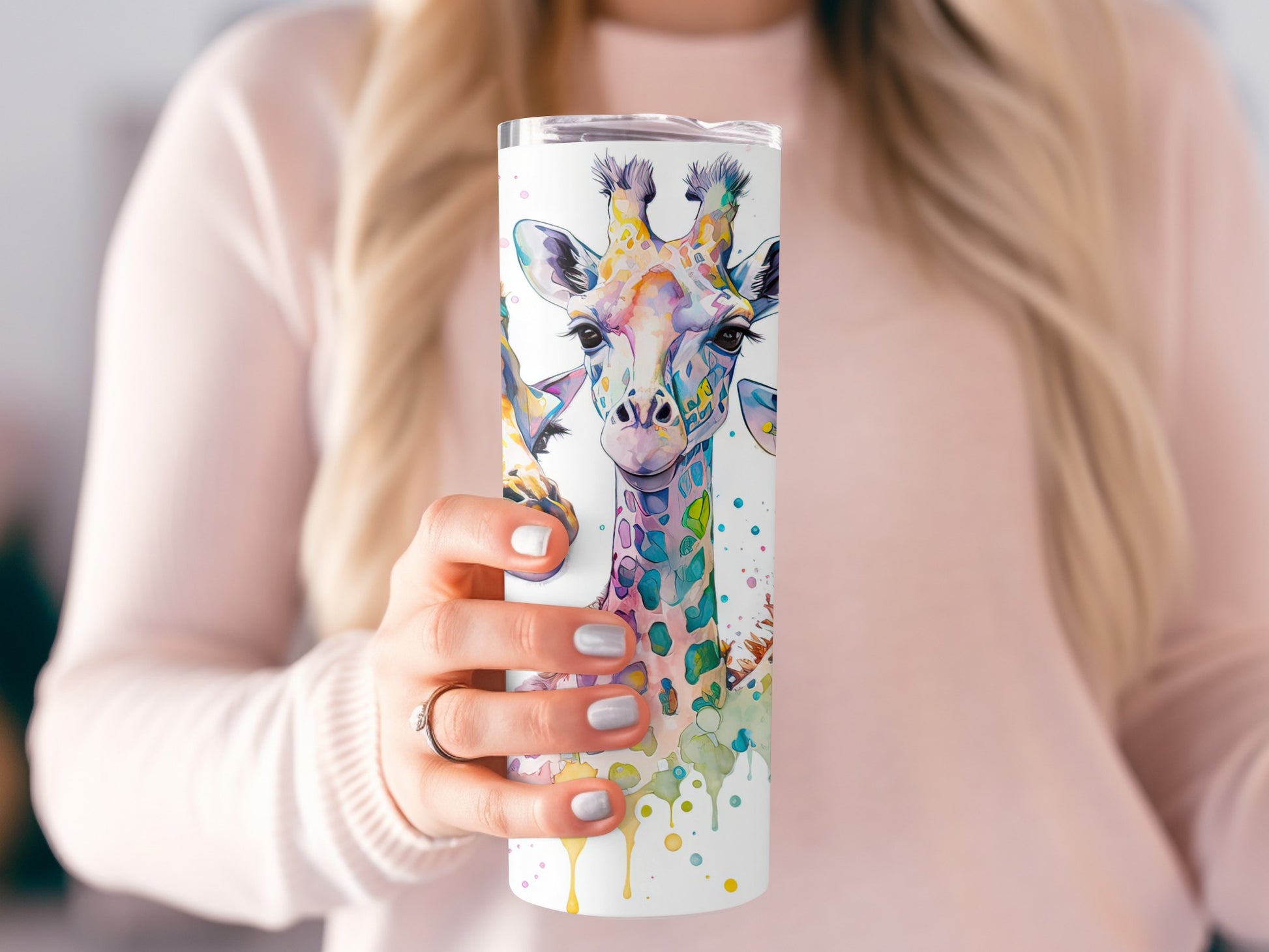 Colorful Giraffe Travel Mug, Insulated Coffee Cup, Watercolor Animal Design, Unique Gift Idea