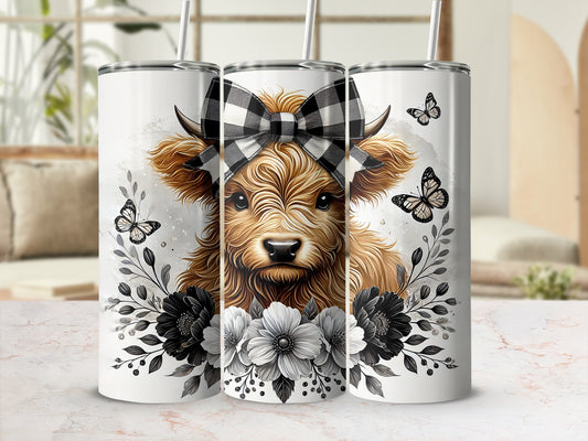Rustic Floral Highland Cow Tumbler with Straw, Insulated Travel Cup, Animal Print Stainless Steel Tumbler for Cold Drinks